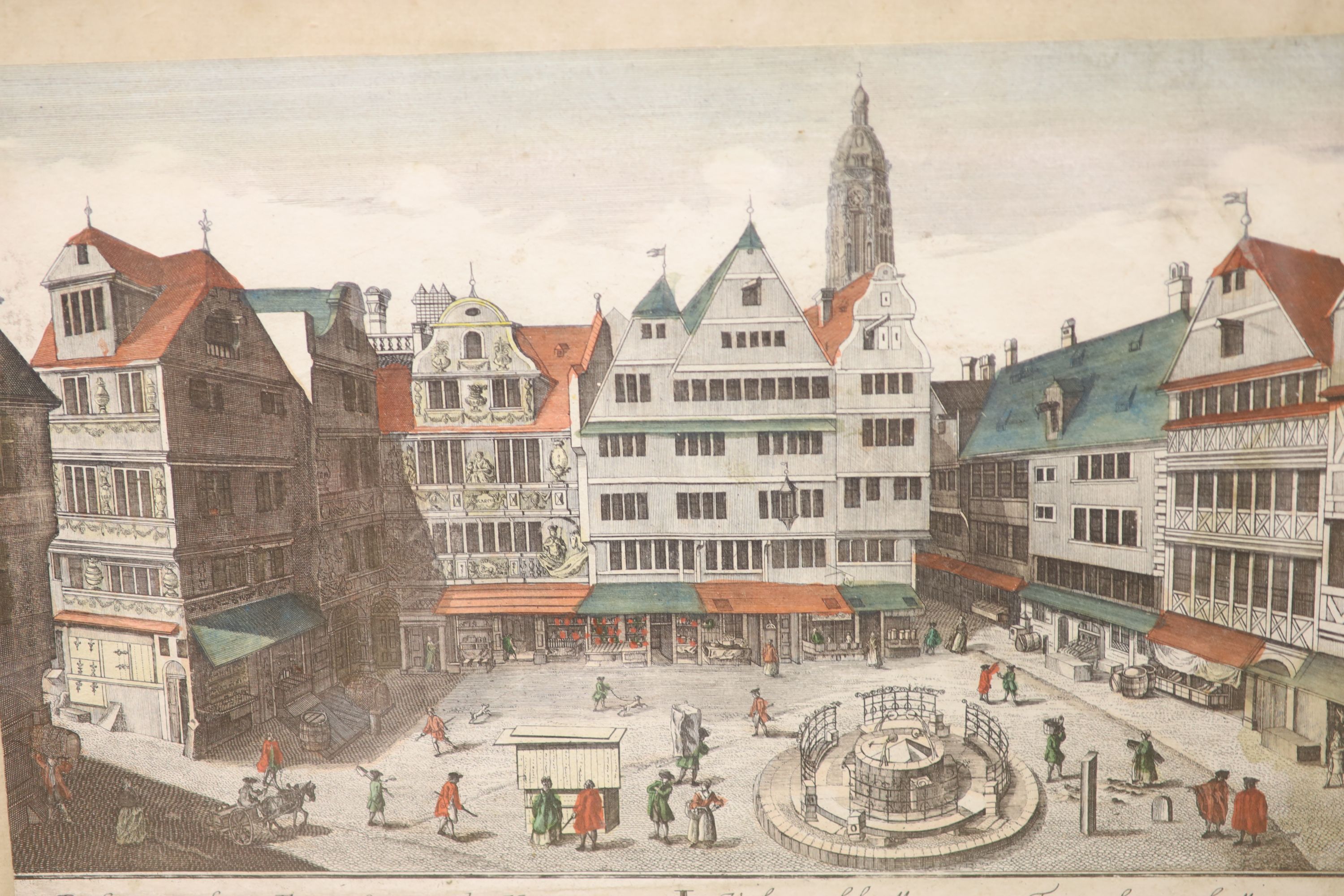 Five 18th century coloured engravings, Views of Frankfurt and other cities, largest 27 x 41cm